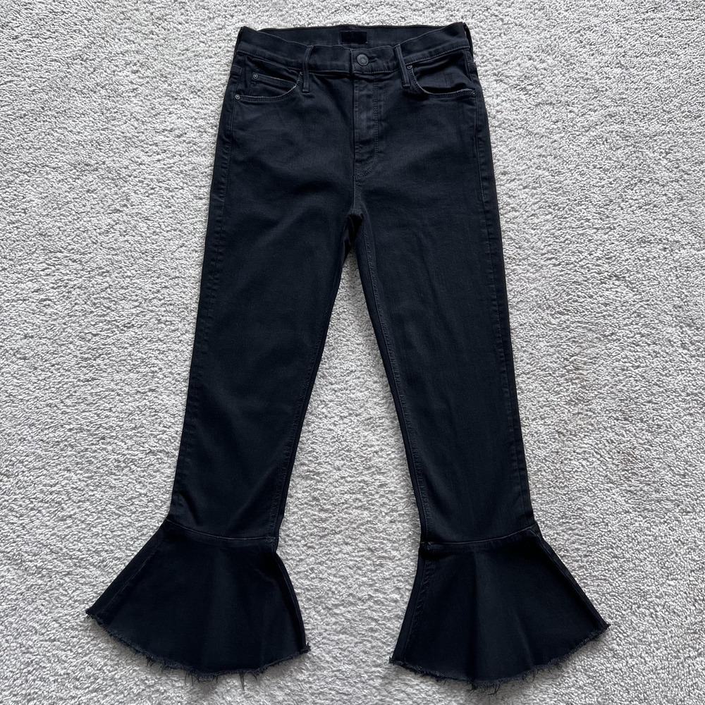 Mother The Cha Cha Fray Not Guilty Jeans Womens 26 Black Mid Rise Flare Crop